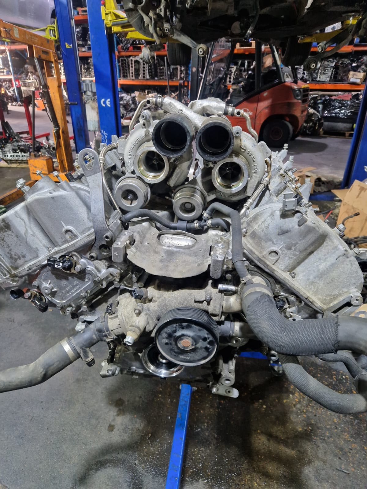 S63 engine hot-vee turbos.