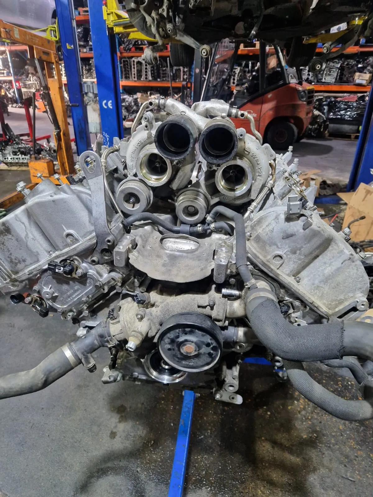 S63 engine hot-vee turbos.