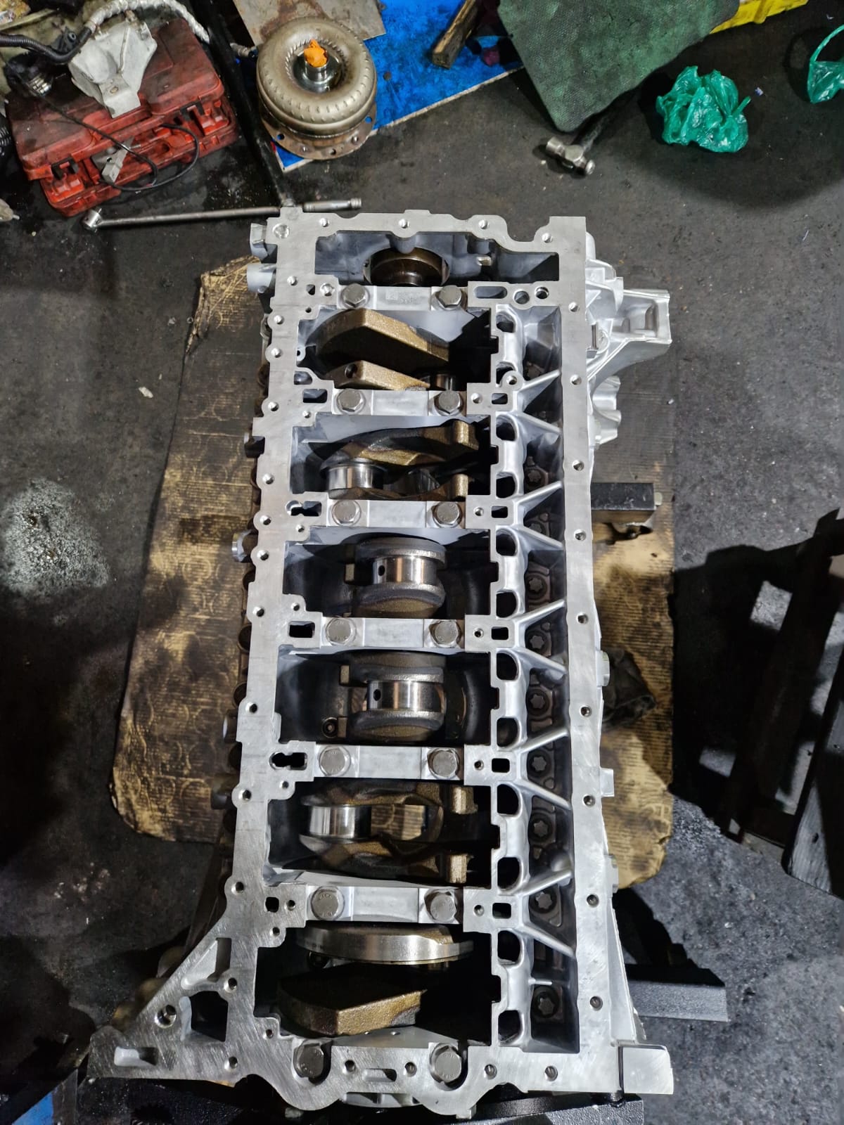 BMW engine block crankshaft underside.